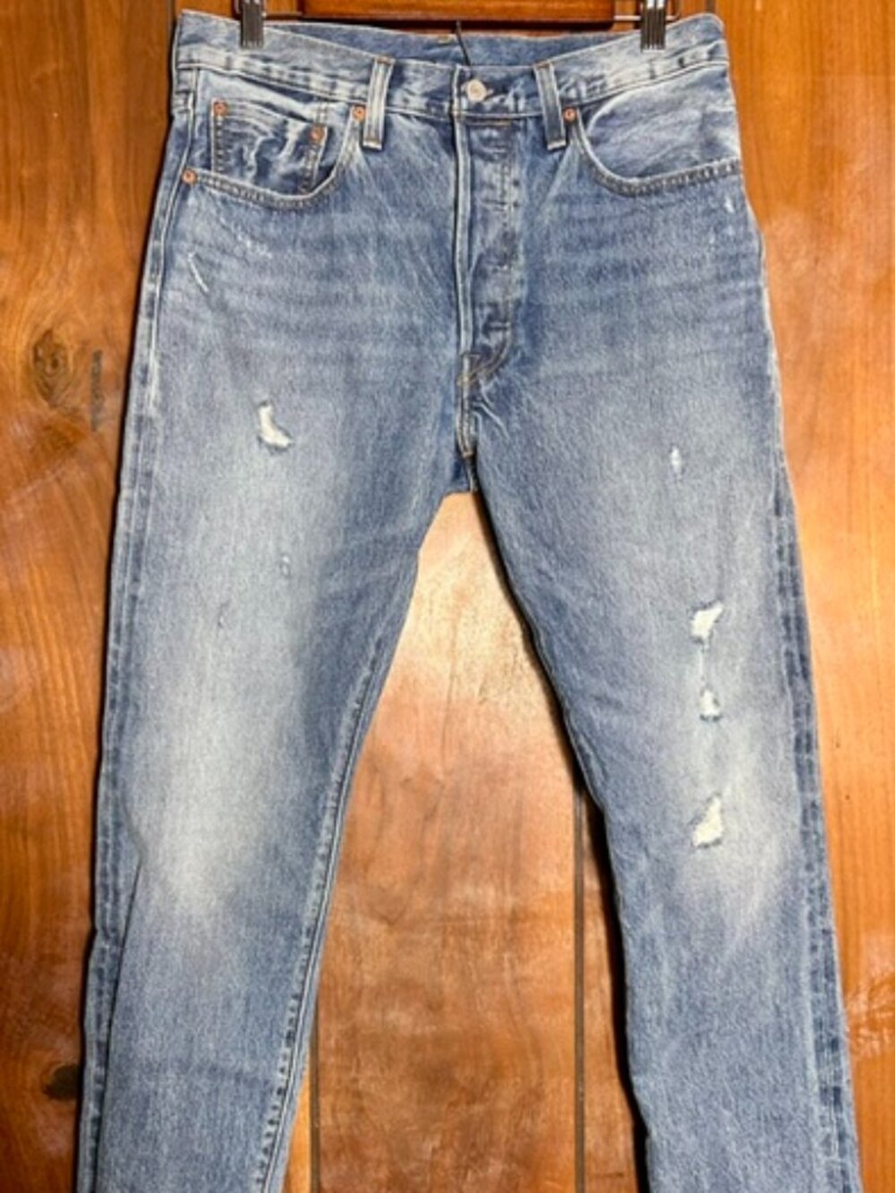 Levis 501 Original Fit Medium Wash Distressed Button Up Jeans Raw Edge Hem 30/30